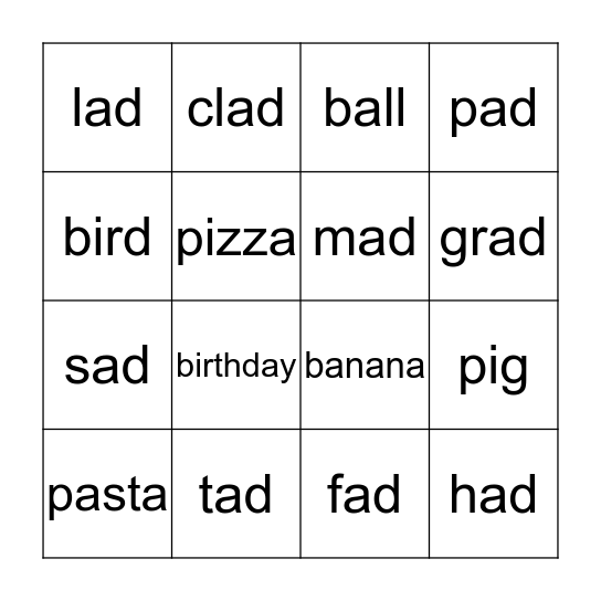 Phonics:  -AD BINGO Card