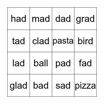 Phonics:  -AD BINGO Card