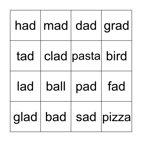 Phonics:  -AD BINGO Card