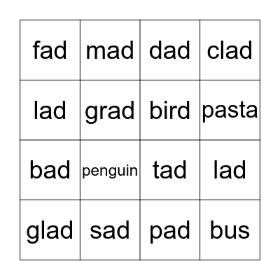 Phonics:  -AD BINGO Card