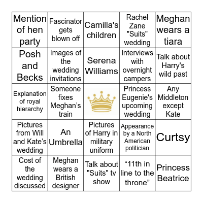 Royal Wedding Bingo Card