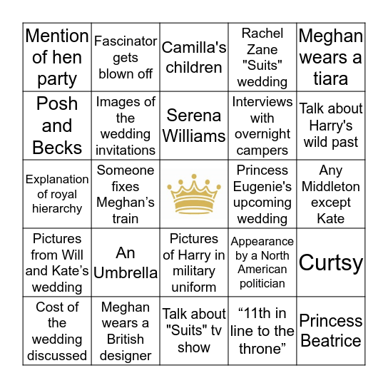 Royal Wedding Bingo Card