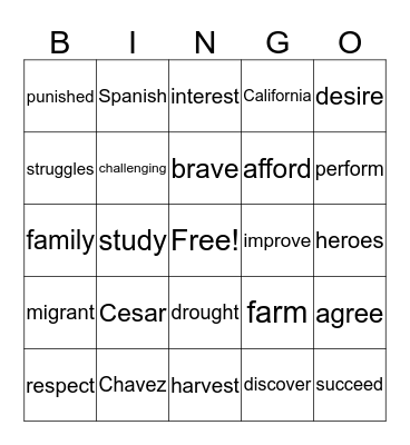 Cesar Chavez Bingo Card