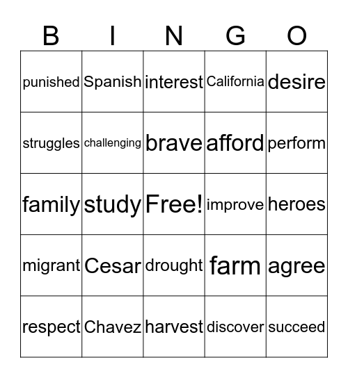 Cesar Chavez Bingo Card