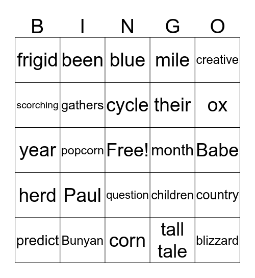 Paul Bunyan and the Popcorn Blizzard Bingo Card