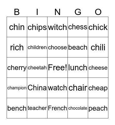 'Ch' Words Bingo Card