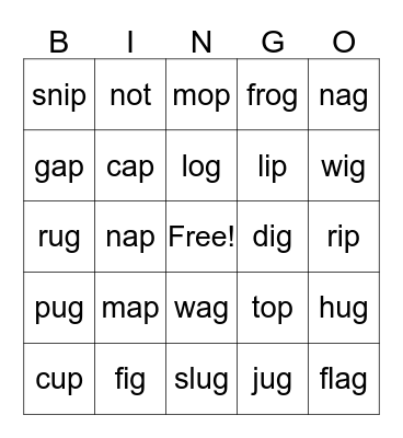 Short a,i,o,u Bingo Card