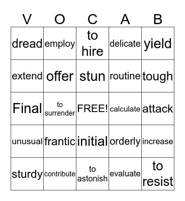 Vocabulary#4 Bingo Card