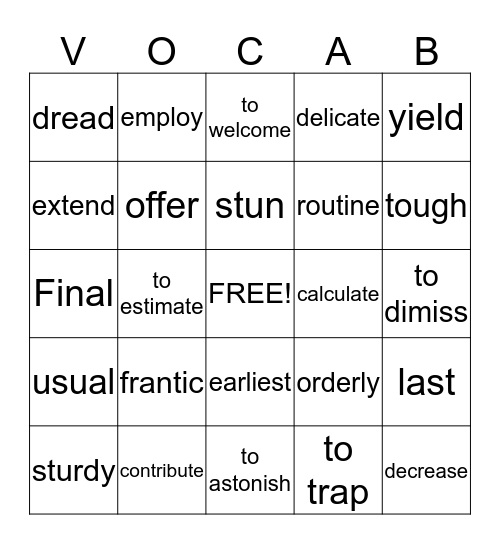 Vocabulary#4 Bingo Card