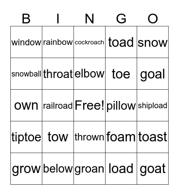 ow, oe, oa Bingo Card