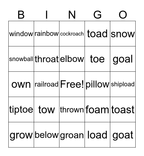 ow, oe, oa Bingo Card