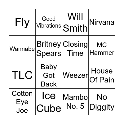Singo 90's Bingo Card