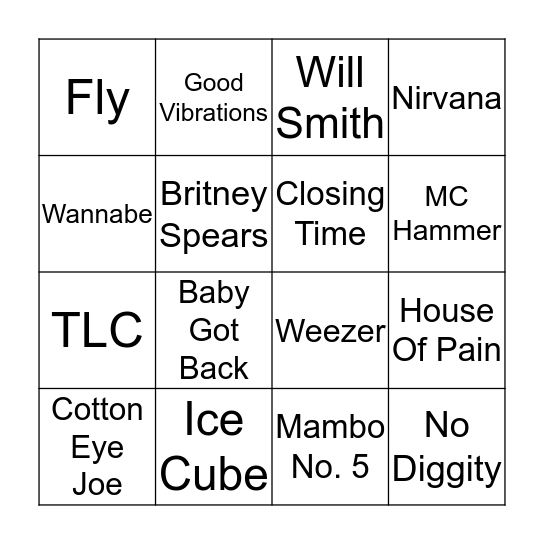 Singo 90's Bingo Card