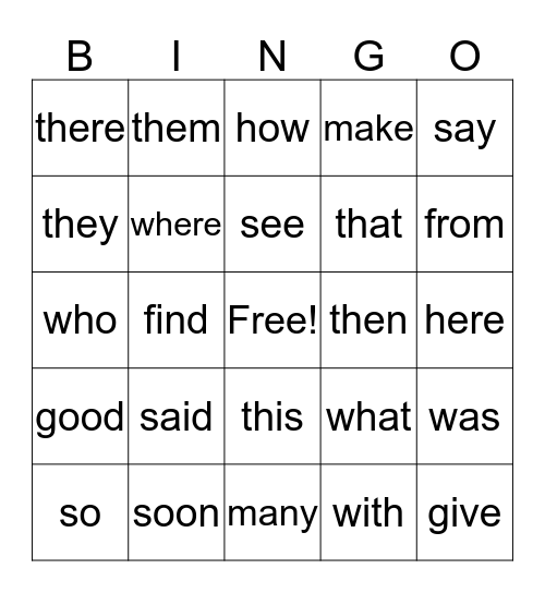 Sight Words! Bingo Card