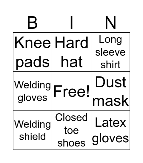 PPE Bingo Card