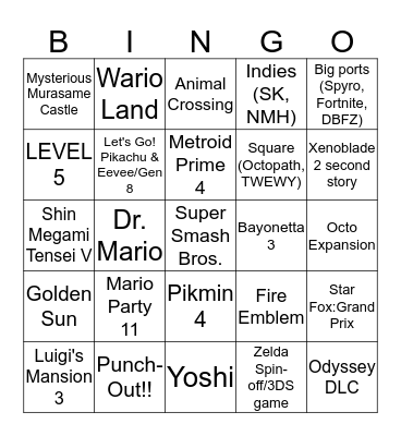 E3 2018 Nintendo Bingo Card