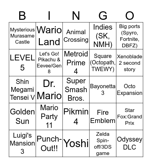 E3 2018 Nintendo Bingo Card