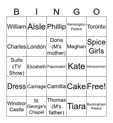 The Royal Wedding Bingo Card