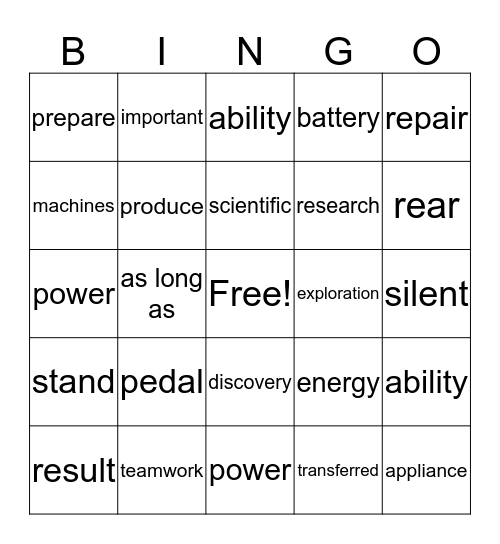 Pedal Power G2 U6 W2 Bingo Card