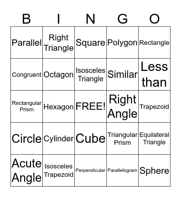 Geometry Bingo Card