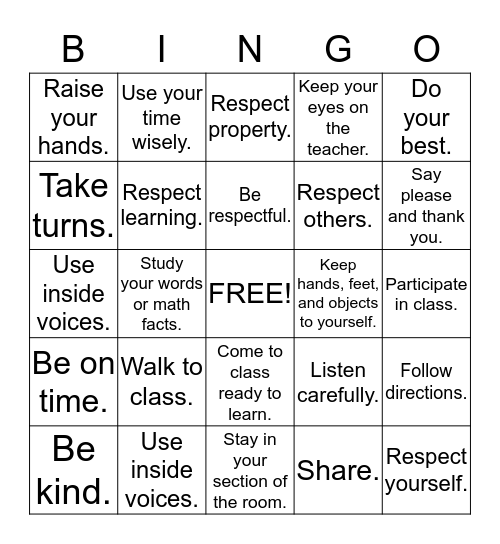 Class Rules Bingo Card