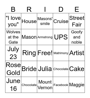 Bridal Bingo 2 Bingo Card