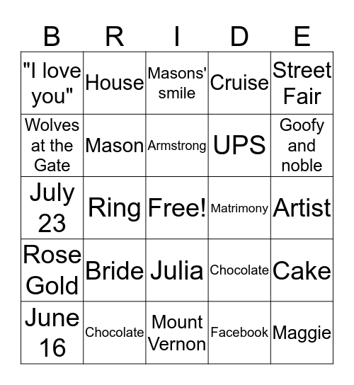 Bridal Bingo 2 Bingo Card