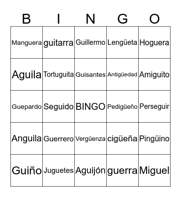 Palabras con GUE GUI Bingo Card