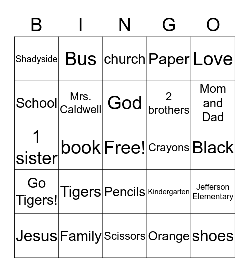Josiah's Bingo Card