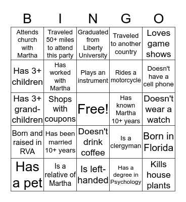Martha's Graduation Celebration Icebreaker Bingo Card