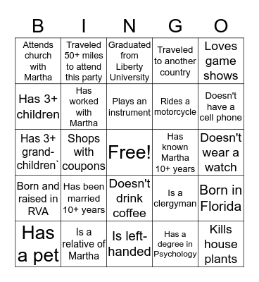 Martha's Graduation Celebration Icebreaker Bingo Card