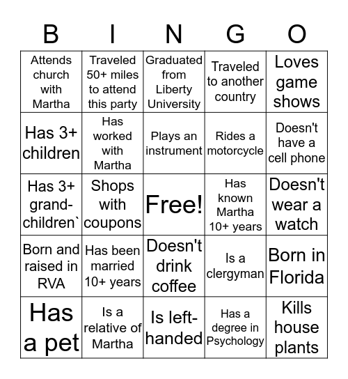 Martha's Graduation Celebration Icebreaker Bingo Card