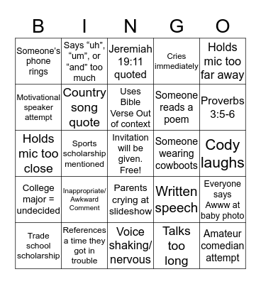 Senior Recognition at UBC Bingo Card