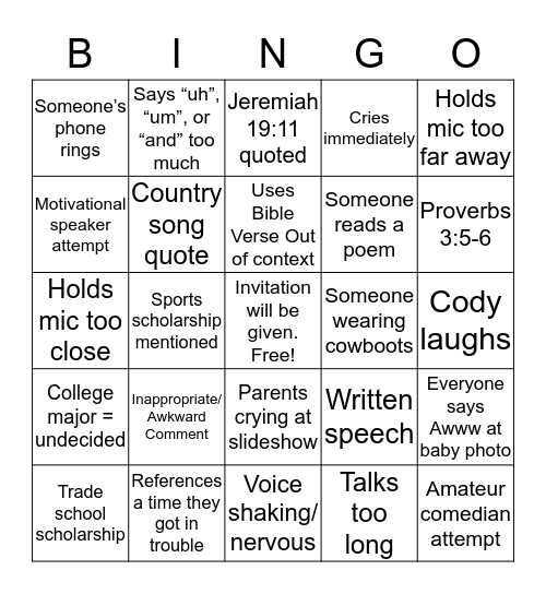 Senior Recognition at UBC Bingo Card
