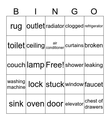 House and Apartment Words Bingo Card