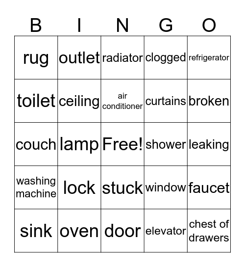 House and Apartment Words Bingo Card