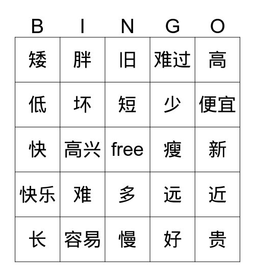 相反形容词bingo Card