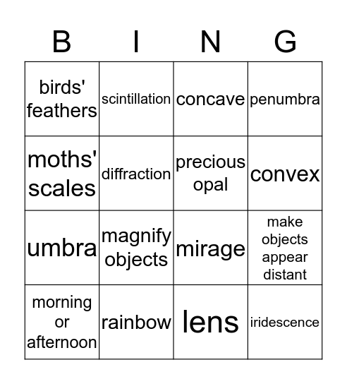 Behavior of Light Bingo Card