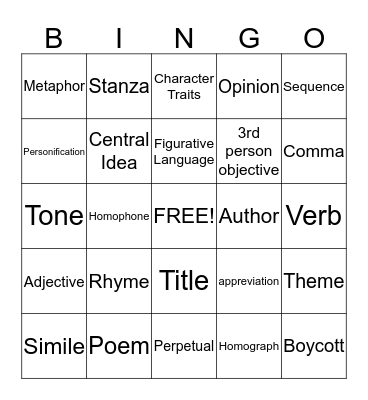 ELA Bingo Card