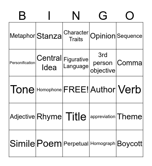 ELA Bingo Card