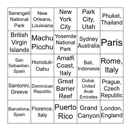 Vacation Spots Bingo Card