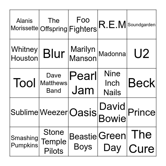 Musicians from the 90's Bingo Card