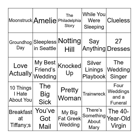 Romantic Comedy's Bingo Card