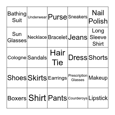 Things You Wear Bingo Card
