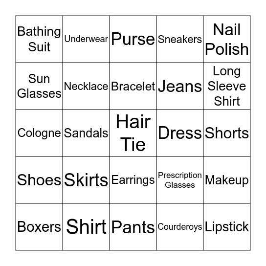 Things You Wear Bingo Card