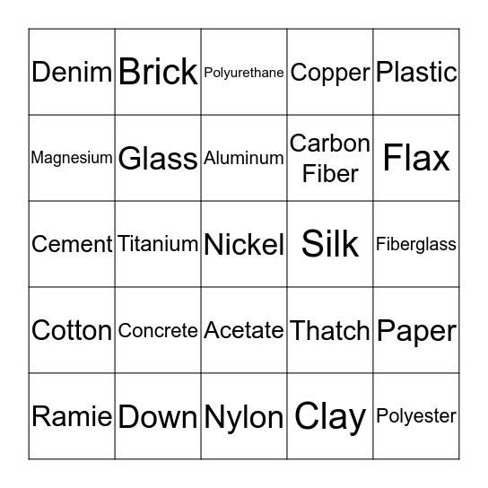 Materials Bingo Card