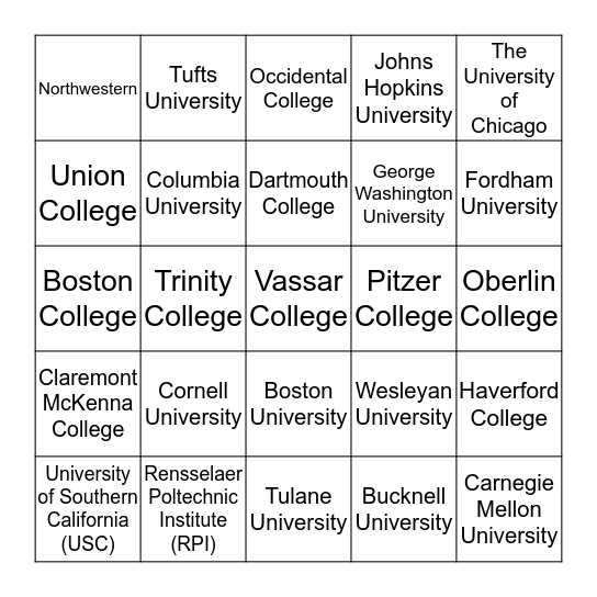 Most Expensive Colleges Bingo Card