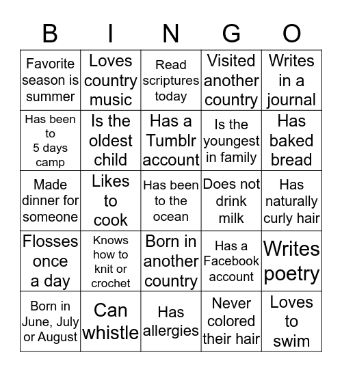 Get to Know You Bingo Card