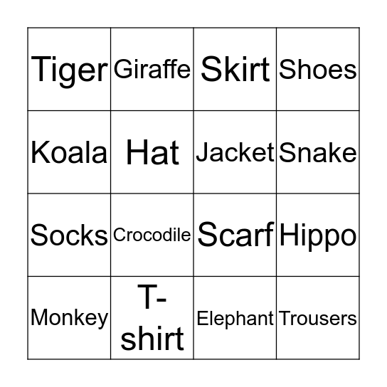 Wild animals and clothes Bingo Card