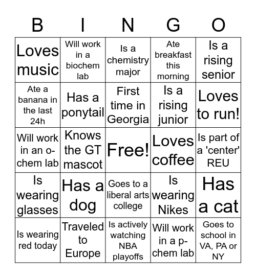 Chemistry REU Bingo Card